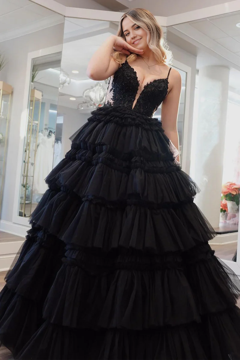 A-line Princess V Neck Black Tiered Tulle Long Prom Dresses